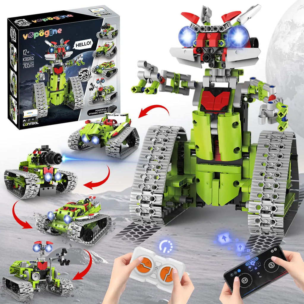 VOPOGLNE 5-in-1 RC Robot & Tank Building Kit – 705-Piece App-Controlled STEM Engineering Set | Programmable, Light-Up Robotics for Kids (Ages 8-16)