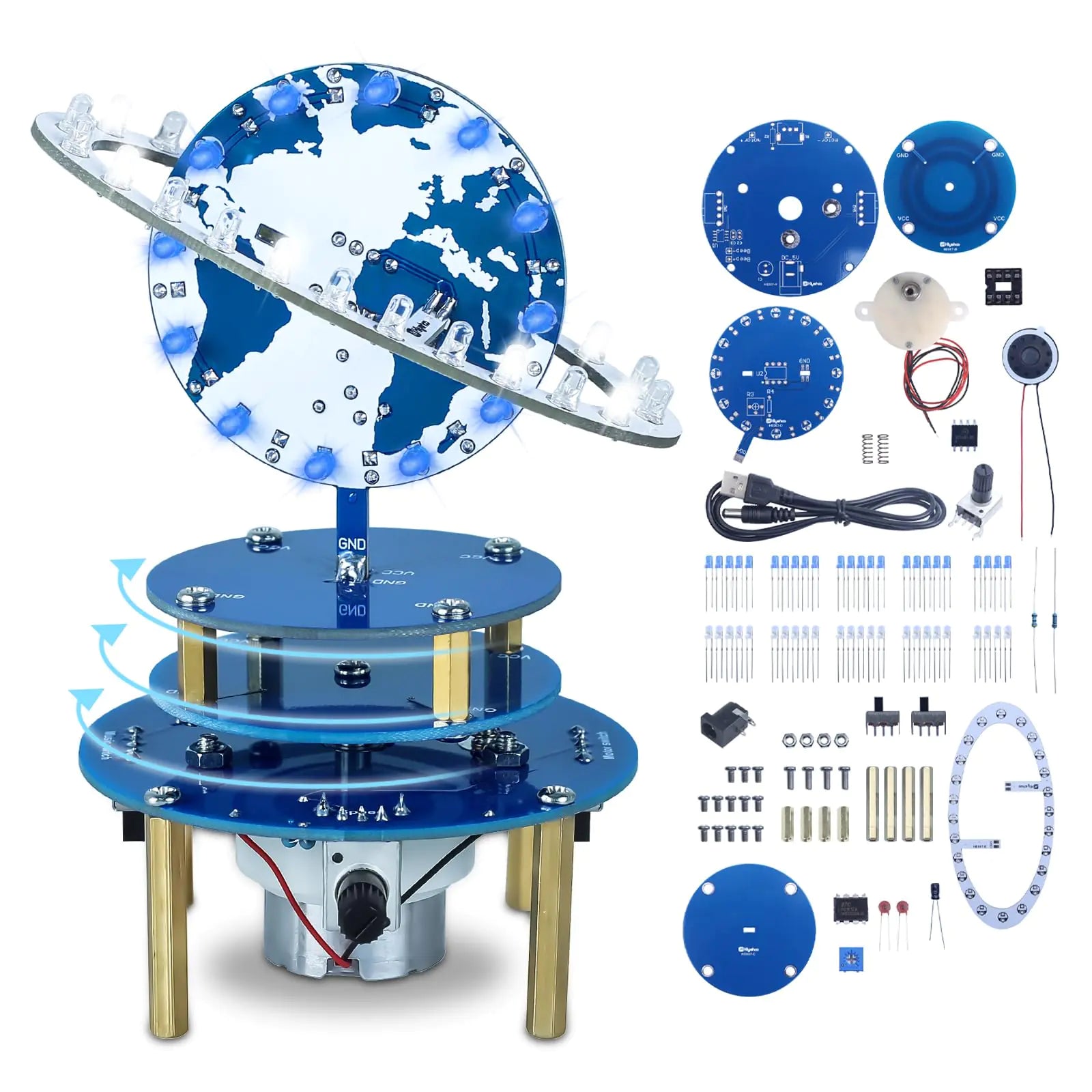DIY Soldering Project Kit – Rotating Globe & Planetary Motion Model | Electronic STEM Science Kit with Blue LEDs, Music, and Adjustable Brightness (Intermediate/Advanced Level)