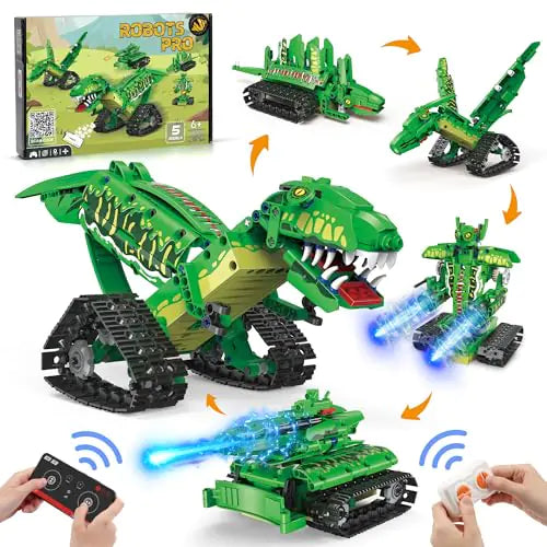 AKWME 5-in-1 RC Dinosaur Robot Building Kit – App & Remote Controlled T-Rex Engineering Set | Programmable STEM Toy Compatible with Major Brands (Ages 6-12)