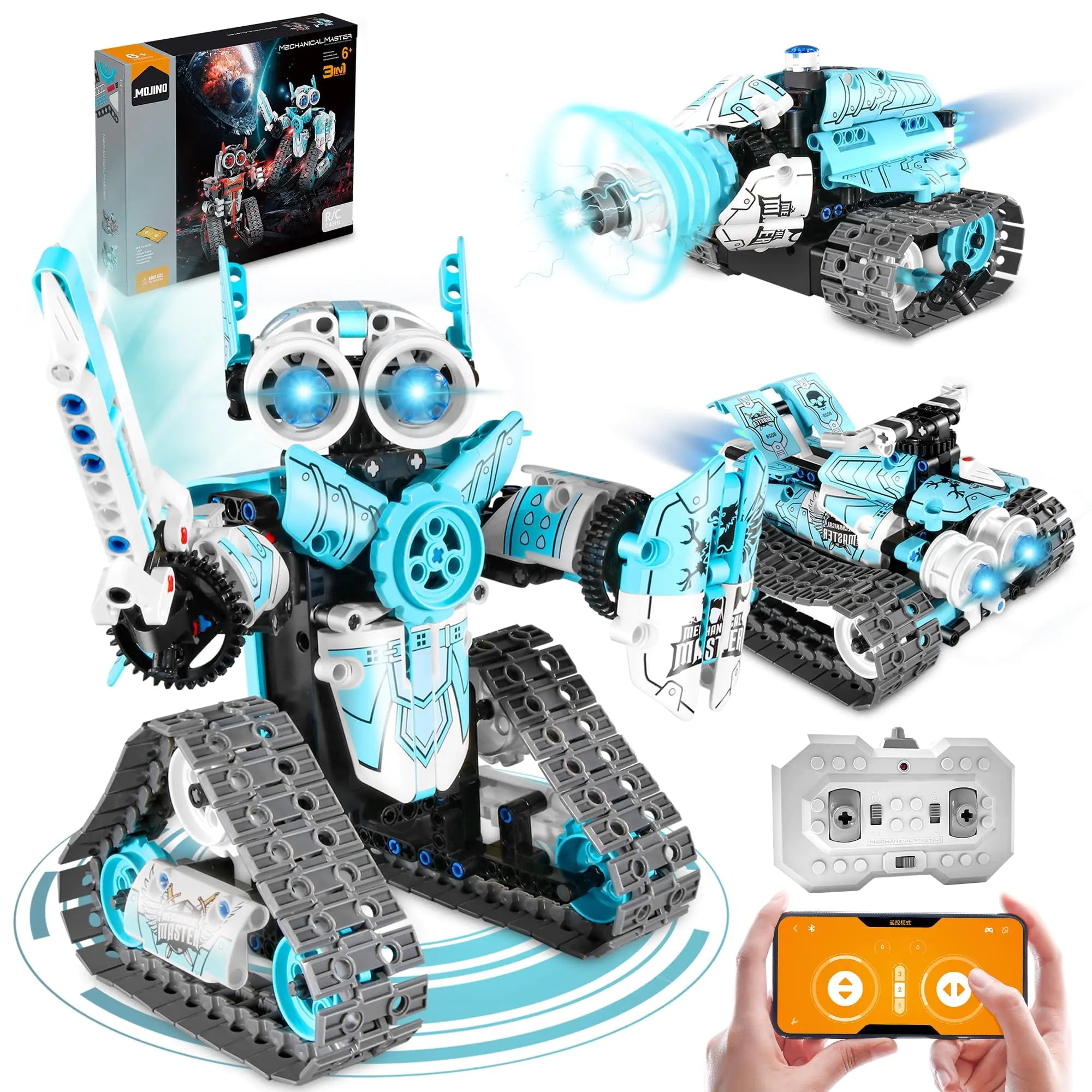 MOJINO 3-in-1 RC Robot Building Kit – App & Remote Controlled STEM Engineering Set | Programmable Tank & Robotics Toy | Coding Science Gift for Kids (Ages 6-12)
