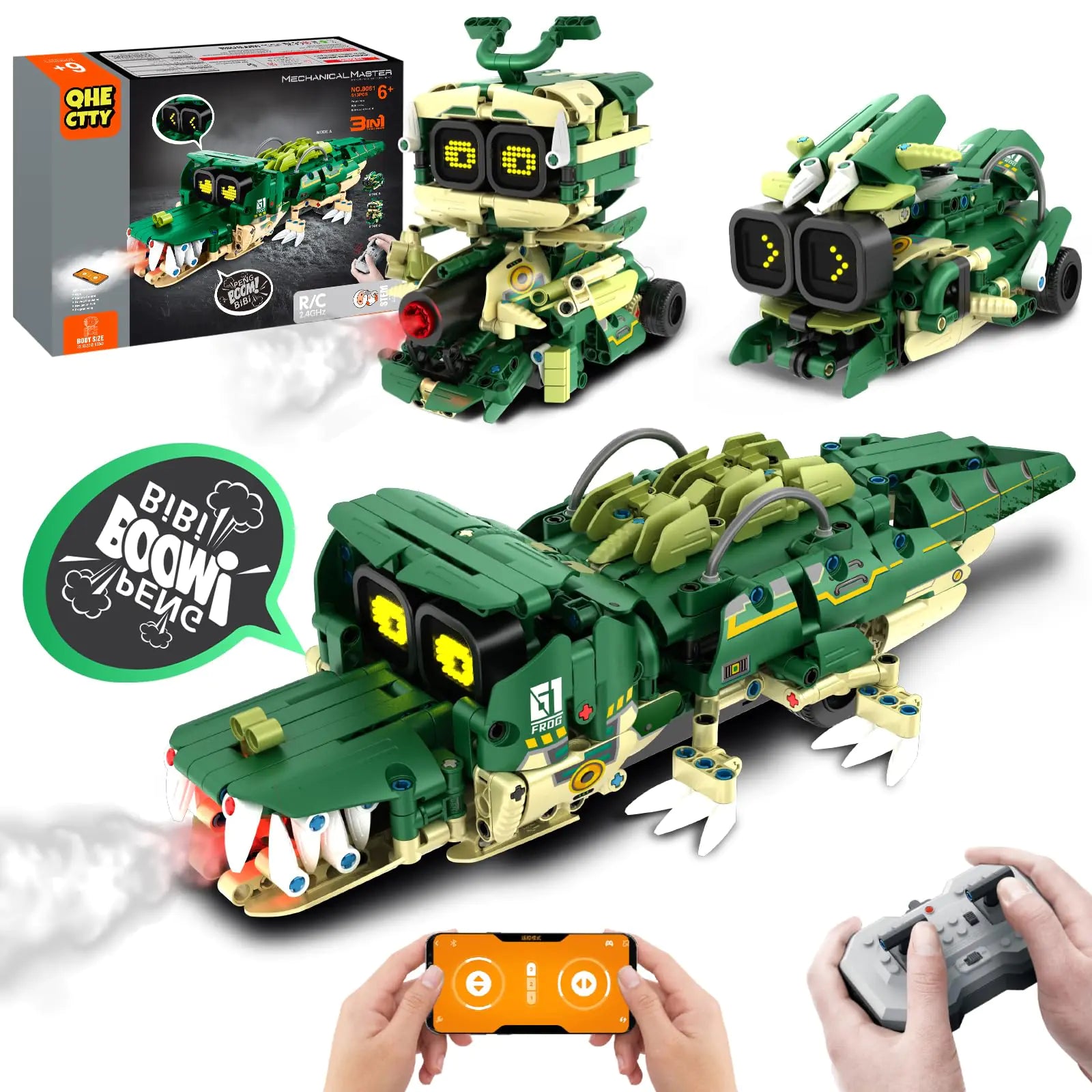 QHECTTY 3-in-1 RC Robot Building Kit with Mist Spray & LED Eyes – 513-Piece App-Controlled STEM Engineering Set | Programmable Mecha Crocodile & Stunt Cycle (Ages 6-14)